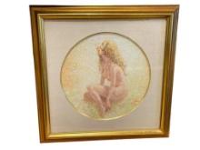 LOUIS FABIAN SIGNED ORIGINAL PASTEL ON CANVAS OF NUDE WOMAN SITTING DOWN WITH FLOWERS IN HAIR