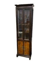MID-CENTURY ASIAN HUA BURL WOOD LIGHTED CURIO CABINET