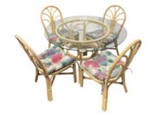 BEIGE PAINTED RATTAN GLASS TOP PATIO TABLE AND FOUR CHAIRS