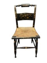 BLACK AND GOLD PAINTED 20TH CENTURY HITCHCOCK RUSH SEAT SIDE CHAIR