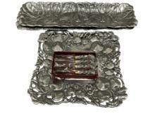 1990'S ARTHUR COURT POLISHED ALUMINUM TABLEWARE SERVING DISHES AND SET OF FOUR SPREADERS