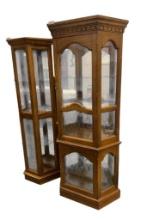 OAK WALL DISPLAY LIGHTED CURIO CABINET WITH MIRRORED BACK AND GLASS SHELVES