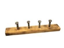 RUSTIC RAILROAD SPIKE AND WOOD COAT / HAT RACK FEATURING FOUR RAILROAD SPIKES