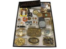 UNIQUE ASSORTMENT O FCOLLECTIBLES INCLUDING BRASS BELT BUCKLES AND LUCKY PENNIES FROM HAROLD'S CLUB
