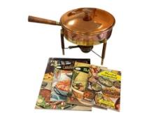 MID-CENTURY COPPER, BRASS, AND WOOD ITALIAN CHAFING DISH WITH RETRO COOKBOOKS