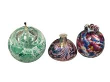 CONTEMPORARY MODERN HAND BLOWN ART GLASS DECORATIVE OIL LAMPS, TWO ARE SIGNED