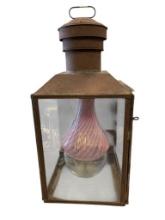 SHEET IRON NO. 115 RAILROAD STATION LANTERN WITH FENTON PINK SWIRL BLOWN GLASS SHADE