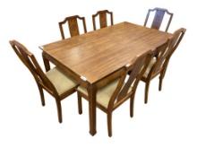 MID-CENTURY BERNHARDT DINING TABLE WITH ASIAN MEDALLION DESIGN FEATURING SIX CHAIRS