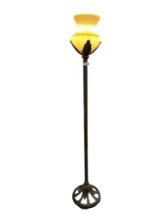 ELEGANT BRONZE TONE AND GOLDEN GLASS SHADE TORCHIERE FLOOR LAMP