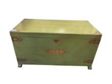 VINTAGE CEDAR WOOD CHEST WITH GREEN PAINTED FINISH AND BRASS HARDWARE