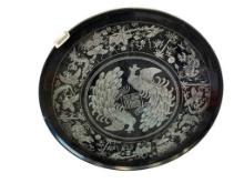 BLACK LACQUER PLASTIC KOREAN ROUND TABLE WITH PAINTED SHELL INLAY DESIGN FEATURING PEACOCKS
