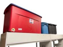 THREE PLASTIC STORAGE TUBS