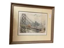 AUSTRIAN ARTIST JOSEF EIDENBERGER ETCHING "SAN FRANCISCO, OAKLAND BAY BRIDGE"