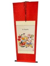 VINTAGE CHINESE BLESSING ORIGINAL WATERCOLOR PAINTING ON SILK SCROLL "GOOD FORTUNE EVERY YEAR"