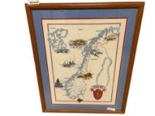 VINTAGE NEEDLEPOINT ART OF MAP OF NORWAY IN NORWEGIAN LANGUAGE