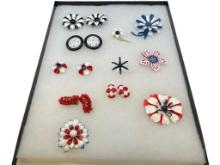 RED, WHITE, AND BLUE TONED JEWELRY INCLUDING CLIP-BACK EARRINGS AND BROOCHES