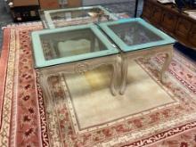 CARVED SOLID WOOD LIGHT-STAINED COFFEE TABLE AND MATCHING END TABLES WITH THICK GLASS BEVELED TOP