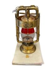DIETZ KING ANTIQUE FIRE DEPARTMENT BRASS LANTERN WITH RUBY RED AND CLEAR GLASS GLOBE