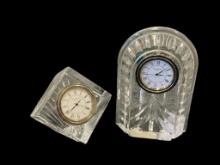 TWO WATERFORD CRYSTAL DESK CLOCKS, OVERTURE SMALL CLOCK AND BOY SCOUTS MERIDIAN SMALL CLOCK