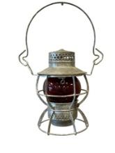 DRESSEL NORTHERN PACIFIC RAILROAD SIGNAL LANTERN WITH RED GLASS GLOBE MARKED "NP" ON CHIMNEY HAT