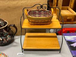 LONGABERGER TWO TIER METAL AND WOOD SHELVING UNIT WITH LONGABERGER SMALL HANDLED BASKET WITH LINERS