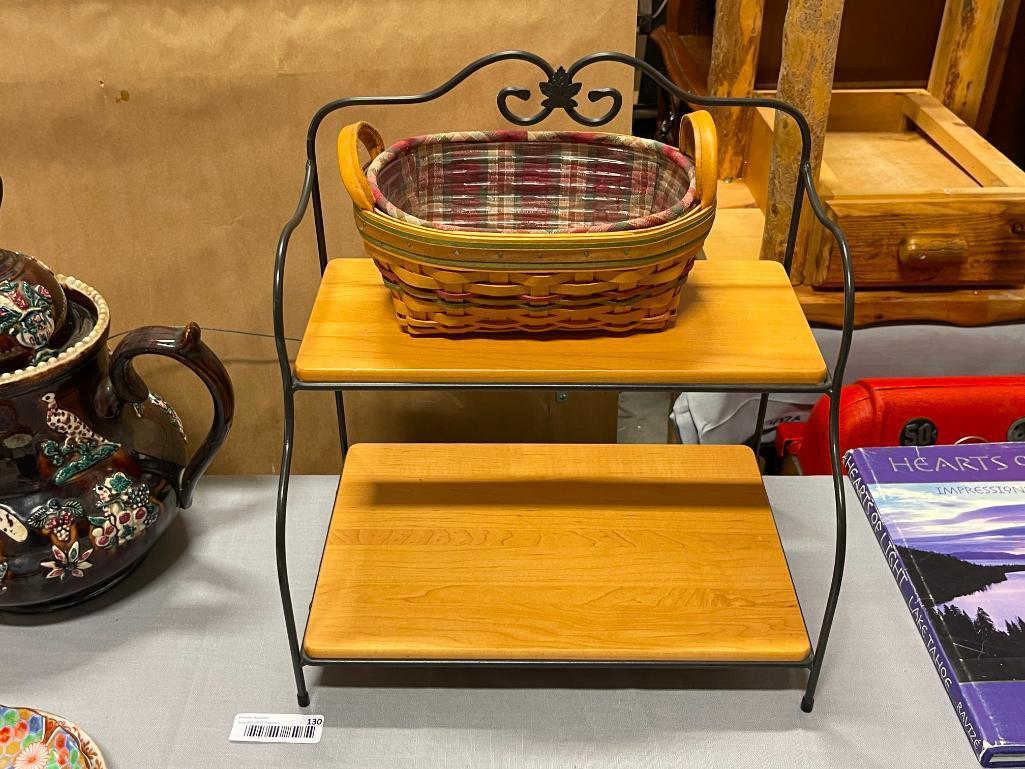 LONGABERGER TWO TIER METAL AND WOOD SHELVING UNIT WITH LONGABERGER SMALL HANDLED BASKET WITH LINERS