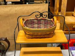 LONGABERGER TWO TIER METAL AND WOOD SHELVING UNIT WITH LONGABERGER SMALL HANDLED BASKET WITH LINERS