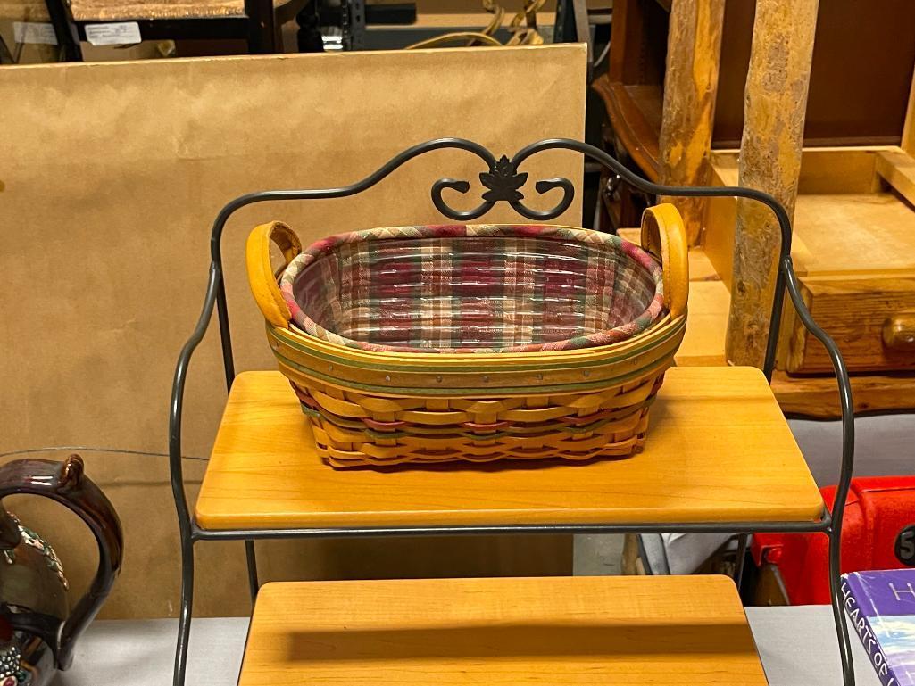 LONGABERGER TWO TIER METAL AND WOOD SHELVING UNIT WITH LONGABERGER SMALL HANDLED BASKET WITH LINERS