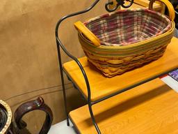 LONGABERGER TWO TIER METAL AND WOOD SHELVING UNIT WITH LONGABERGER SMALL HANDLED BASKET WITH LINERS