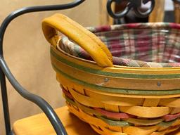 LONGABERGER TWO TIER METAL AND WOOD SHELVING UNIT WITH LONGABERGER SMALL HANDLED BASKET WITH LINERS