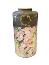 VINTAGE VIENNA AUSTRIA PORCELAIN CYLINDRICAL VASE HAND PAINTED WITH ROSE GILT ACCENTS