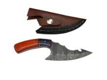 UNUSUAL DAMASCUS STEEL FIXED BLADE KNIFE FEATURING FULL TANG AND VIBRANT RED DYED WOOD HANDLE
