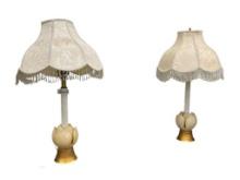 MID-CENTURY SCULPTED MARBLE FULL BLOOM LOTUS FLOWER TABLE LAMPS WITH VICTORIAN STYLE DANGLE SHADES