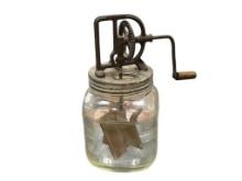 ANTIQUE GLASS DAZEY NO. 34B BUTTER CHURN WITH HAND CRANKED BUTTER CHURN