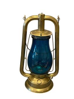 STEAM GAUGE AND LANTERN CO. BRASS TUBULAR LANTERN WITH BLUE GLASS GLOBE PAT DATE OCT 26 86