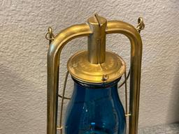 STEAM GAUGE AND LANTERN CO. BRASS TUBULAR LANTERN WITH BLUE GLASS GLOBE PAT DATE OCT 26 86