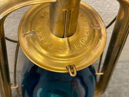 STEAM GAUGE AND LANTERN CO. BRASS TUBULAR LANTERN WITH BLUE GLASS GLOBE PAT DATE OCT 26 86