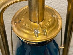 STEAM GAUGE AND LANTERN CO. BRASS TUBULAR LANTERN WITH BLUE GLASS GLOBE PAT DATE OCT 26 86