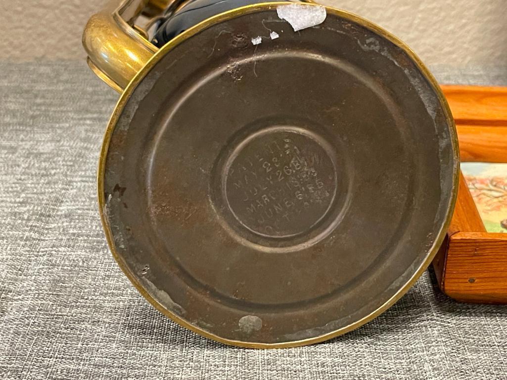 STEAM GAUGE AND LANTERN CO. BRASS TUBULAR LANTERN WITH BLUE GLASS GLOBE PAT DATE OCT 26 86