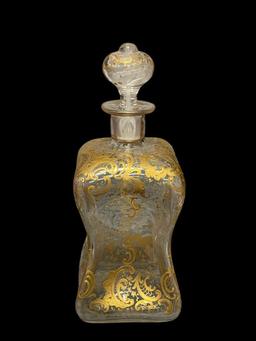 LATE 1800'S EUROPEAN HAND BLOWN PINCHED GLASS DECANTER WITH GILT ENCRUSTED LEAF DESIGN, WITH STOP...