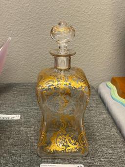 LATE 1800'S EUROPEAN HAND BLOWN PINCHED GLASS DECANTER WITH GILT ENCRUSTED LEAF DESIGN, WITH STOP...