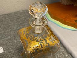 LATE 1800'S EUROPEAN HAND BLOWN PINCHED GLASS DECANTER WITH GILT ENCRUSTED LEAF DESIGN, WITH STOP...