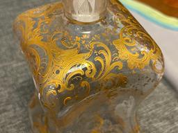 LATE 1800'S EUROPEAN HAND BLOWN PINCHED GLASS DECANTER WITH GILT ENCRUSTED LEAF DESIGN, WITH STOP...