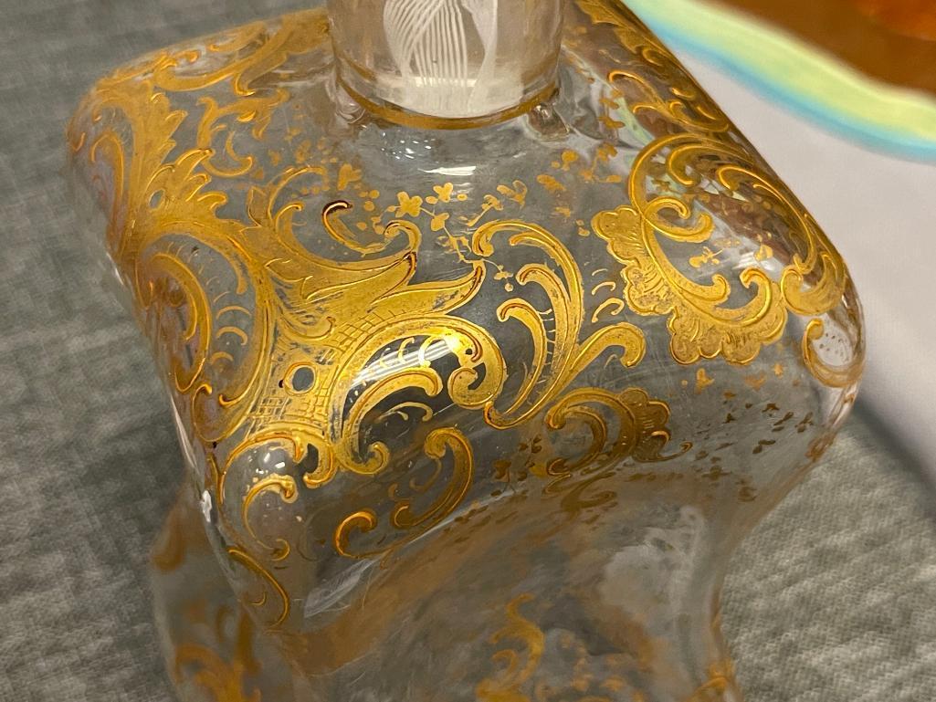 LATE 1800'S EUROPEAN HAND BLOWN PINCHED GLASS DECANTER WITH GILT ENCRUSTED LEAF DESIGN, WITH STOP...