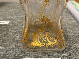 LATE 1800'S EUROPEAN HAND BLOWN PINCHED GLASS DECANTER WITH GILT ENCRUSTED LEAF DESIGN, WITH STOP...