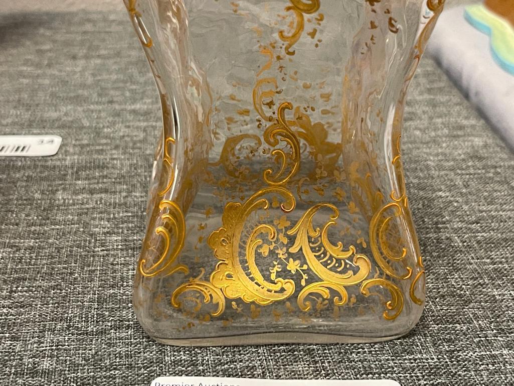 LATE 1800'S EUROPEAN HAND BLOWN PINCHED GLASS DECANTER WITH GILT ENCRUSTED LEAF DESIGN, WITH STOP...