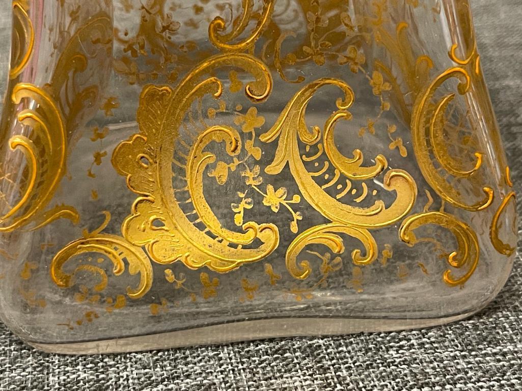 LATE 1800'S EUROPEAN HAND BLOWN PINCHED GLASS DECANTER WITH GILT ENCRUSTED LEAF DESIGN, WITH STOP...