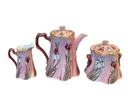 LUNEVILLE FRENCH POTTERY ART NOUVEAU IRIS PATTERN POTTERY TEA POT WITH CREAMER AND SUGAR BOWL