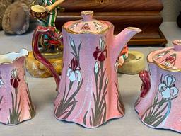LUNEVILLE FRENCH POTTERY ART NOUVEAU IRIS PATTERN POTTERY TEA POT WITH CREAMER AND SUGAR BOWL