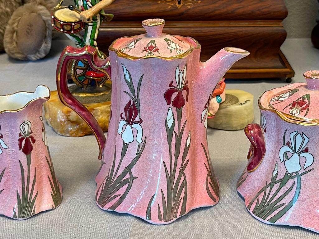 LUNEVILLE FRENCH POTTERY ART NOUVEAU IRIS PATTERN POTTERY TEA POT WITH CREAMER AND SUGAR BOWL